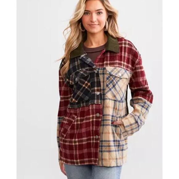 BKE Women Pieced Plaid Corduroy Shacket Size Large Patchwork Green Buckle Casual - Picture 2 of 15